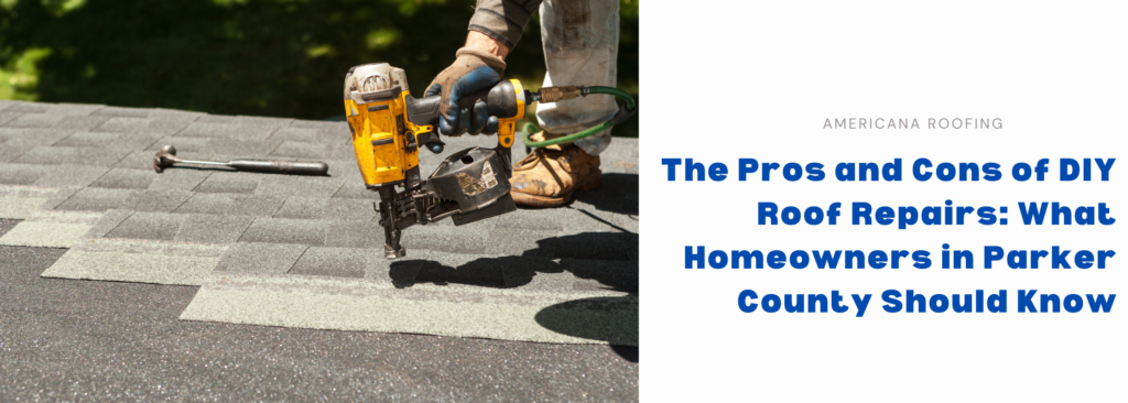 a person working on a roof and the text saying The Pros and Cons of DIY Roof Repairs: What Homeowners in Parker County Should Know